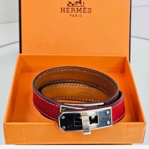 Hermes Red Leather Kelly Double Tour Bracelet with Silver Hardware Authentic